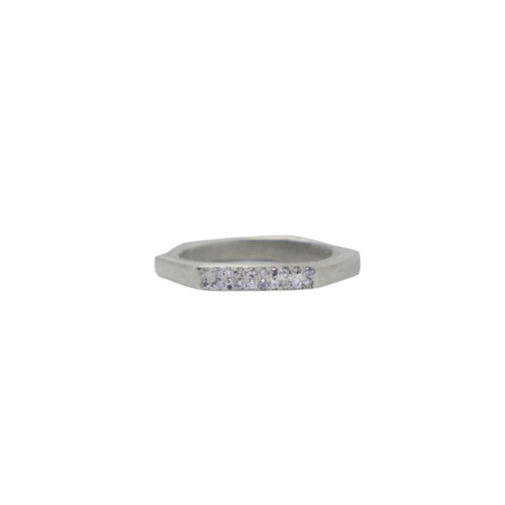 Hand-Carved Ring | Raw White 14K Gold | Grey Diamond Pavé