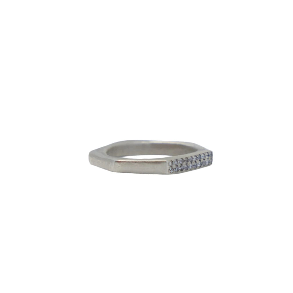 Hand-Carved Ring | Raw White 14K Gold | Grey Diamond Pavé