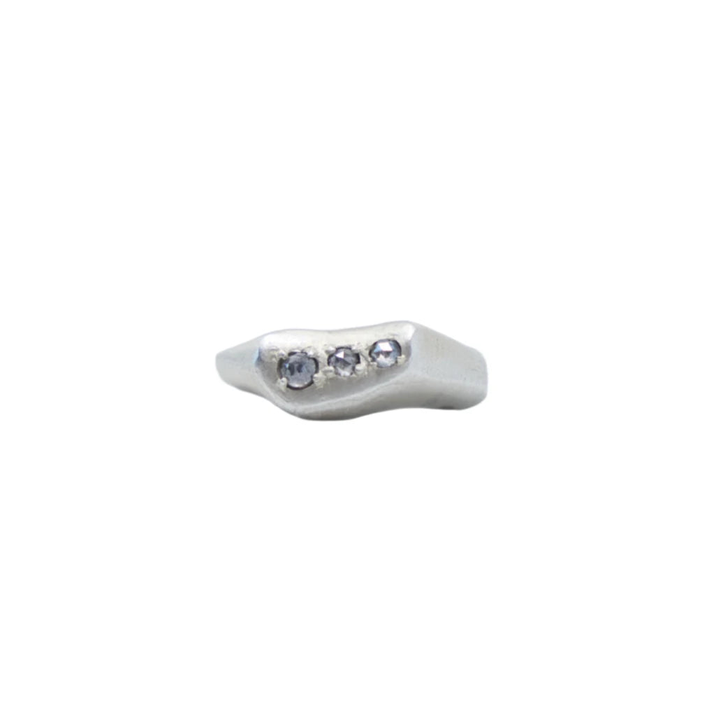 Hand-Carved Ring | Raw White 14K Gold | Three Salt and Pepper Diamonds