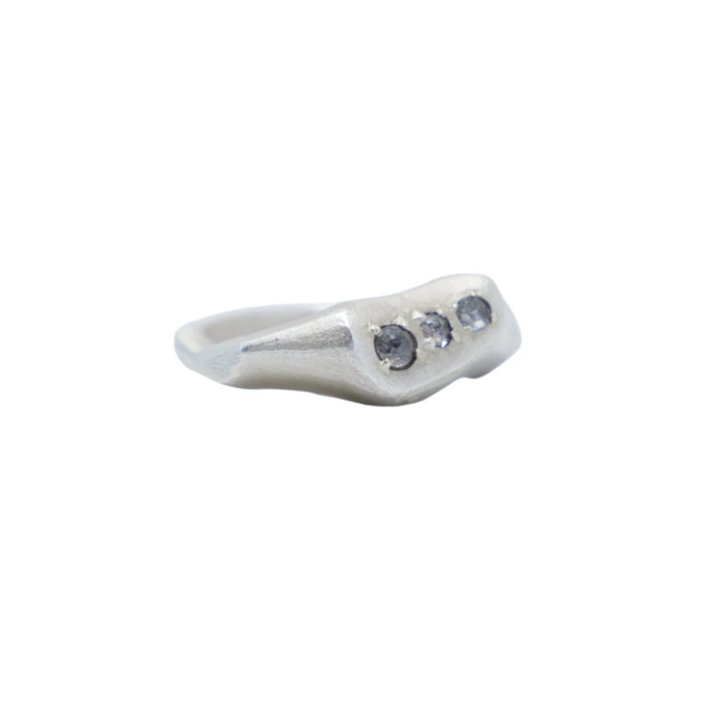 Hand-Carved Ring | Raw White 14K Gold | Three Salt and Pepper Diamonds