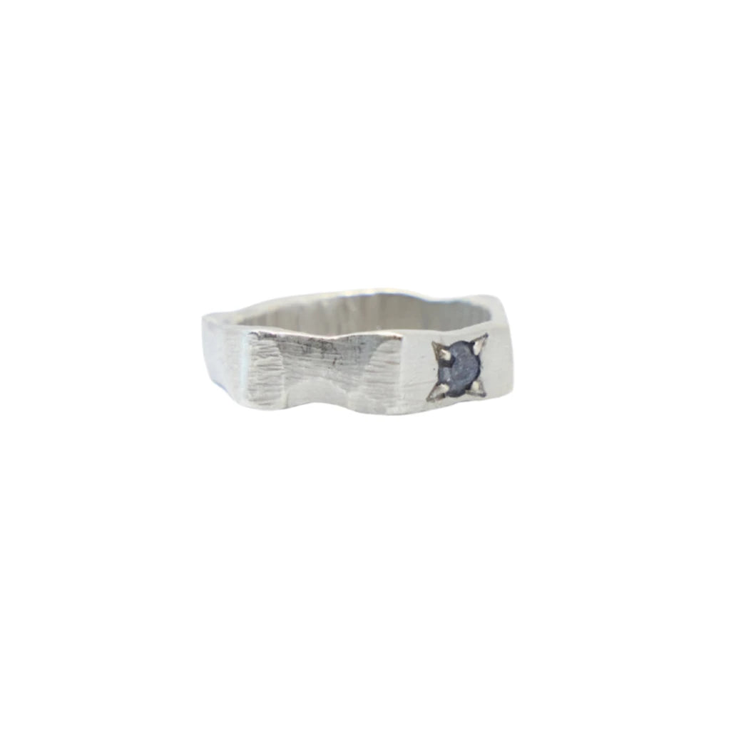 Hand-Carved Ring | Raw White 14K Gold | Salt and Pepper Diamond